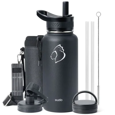 Buzio Trio Series Water Bottle with 3 Lids and Sleeve 1L - Black